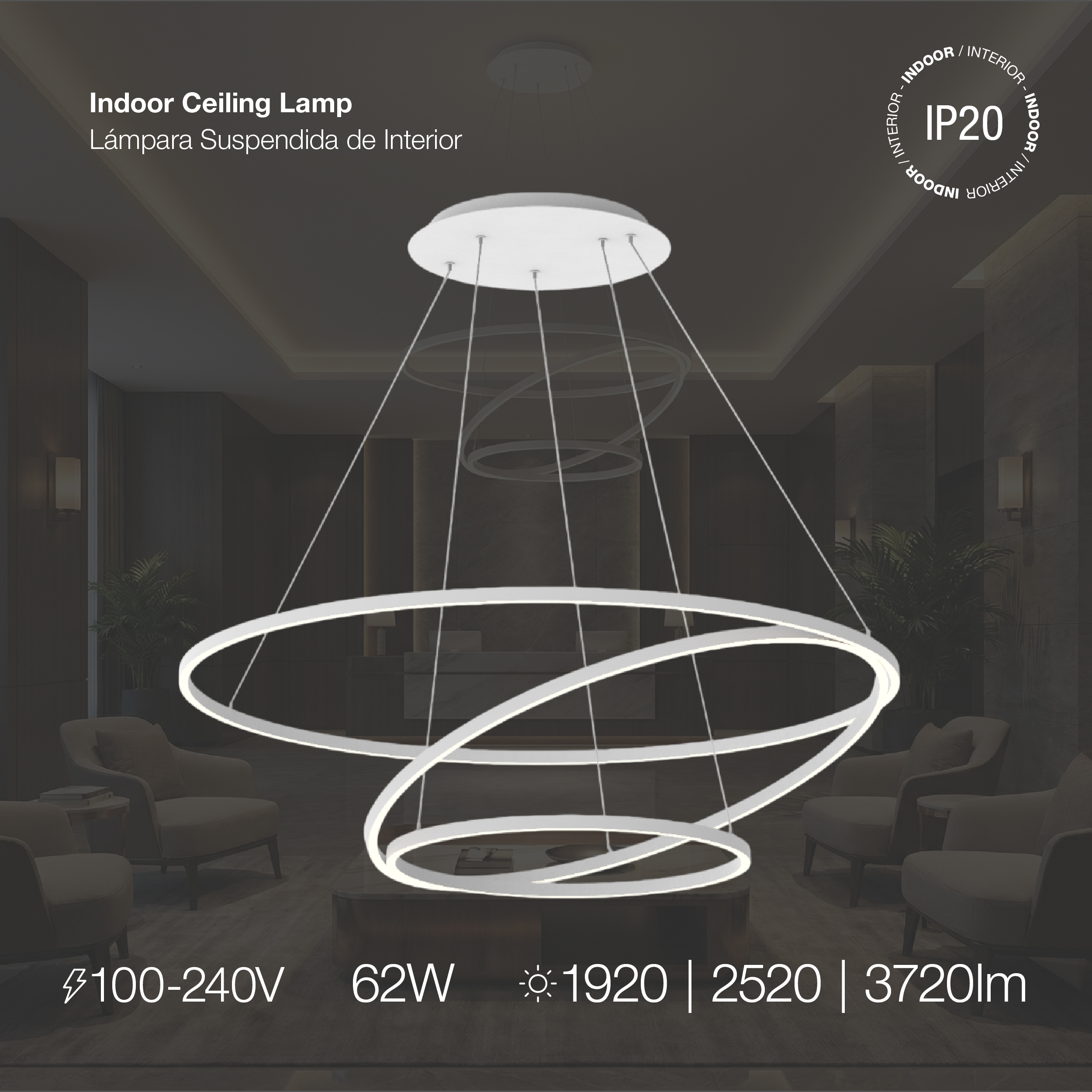 Lámpara LED Suspendida Blanco Ø80cm, 62W, Blanco Cálido 3000K, 3720lm