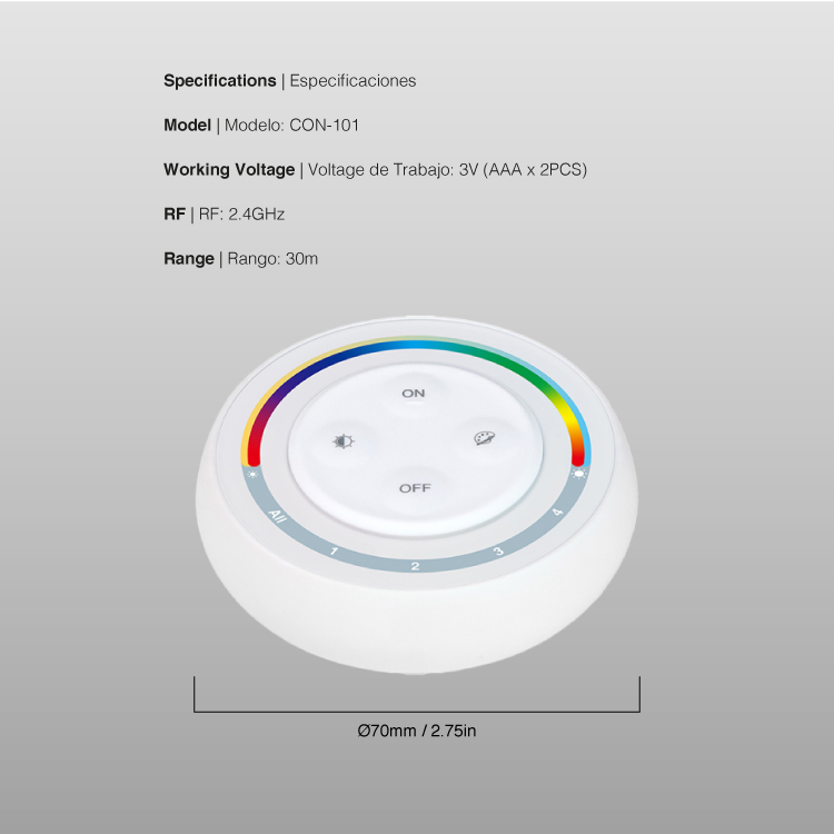 Control Remoto Rainbow de 4 Zonas (RGB+CCT), 3V, 2,4MHz
