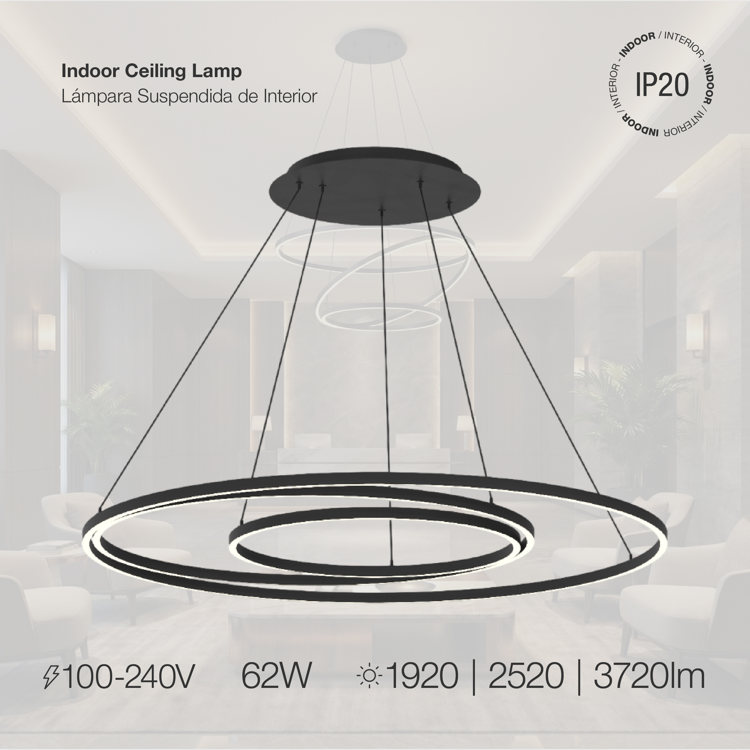 Lámpara LED Suspendida Negro Ø80cm, 62W, Blanco Cálido 3000K, 3720lm