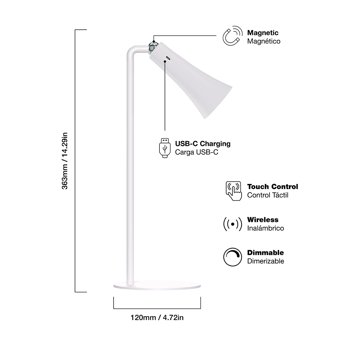 Lámpara de Mesa LED Magnética Blanca 3W Blanco Cálido 3000K Recargable 1800mAh