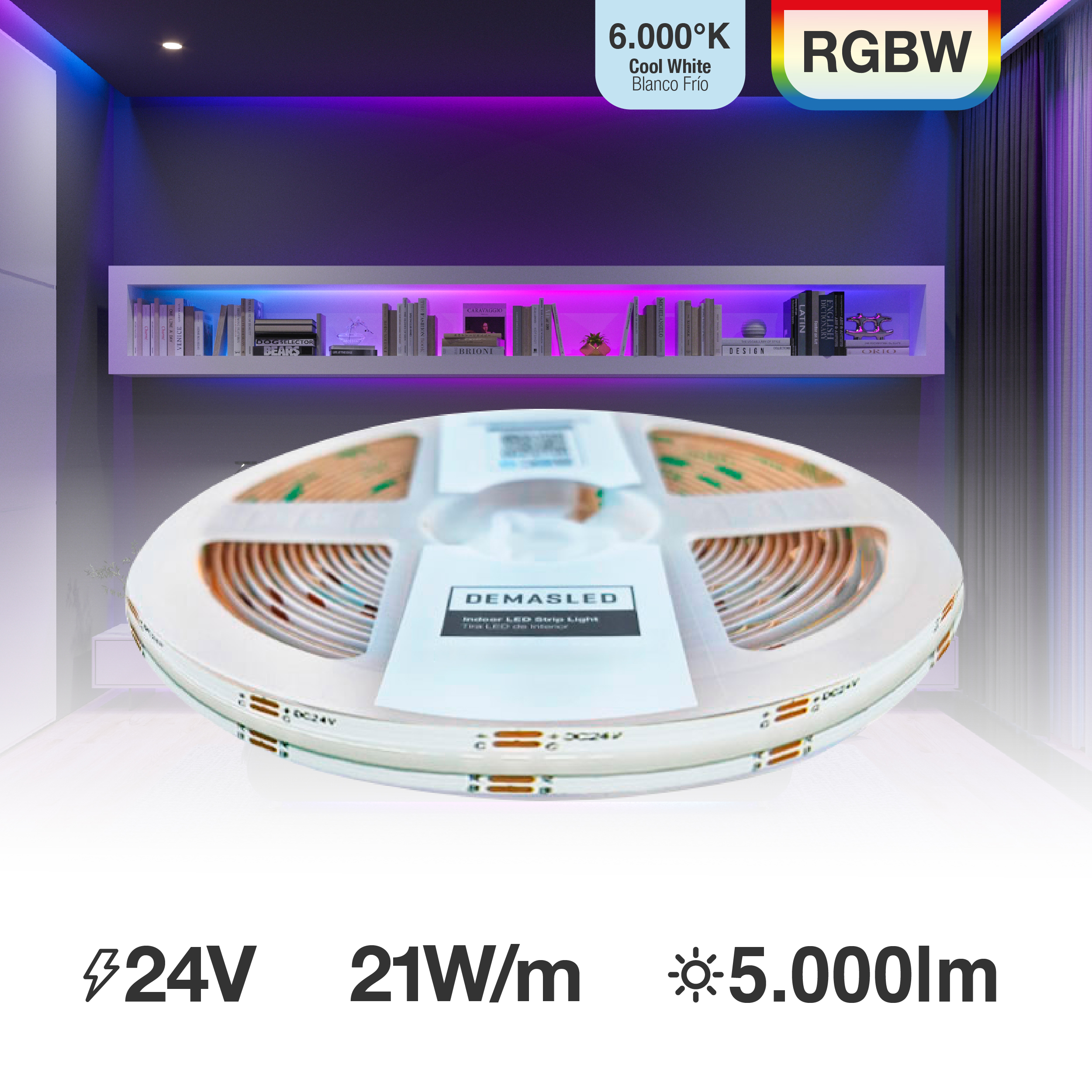 Tira LED COB Pixel 24V 21W/m RGB+Blanco Frío 6000°K, 10mm PCB IP33 x5m