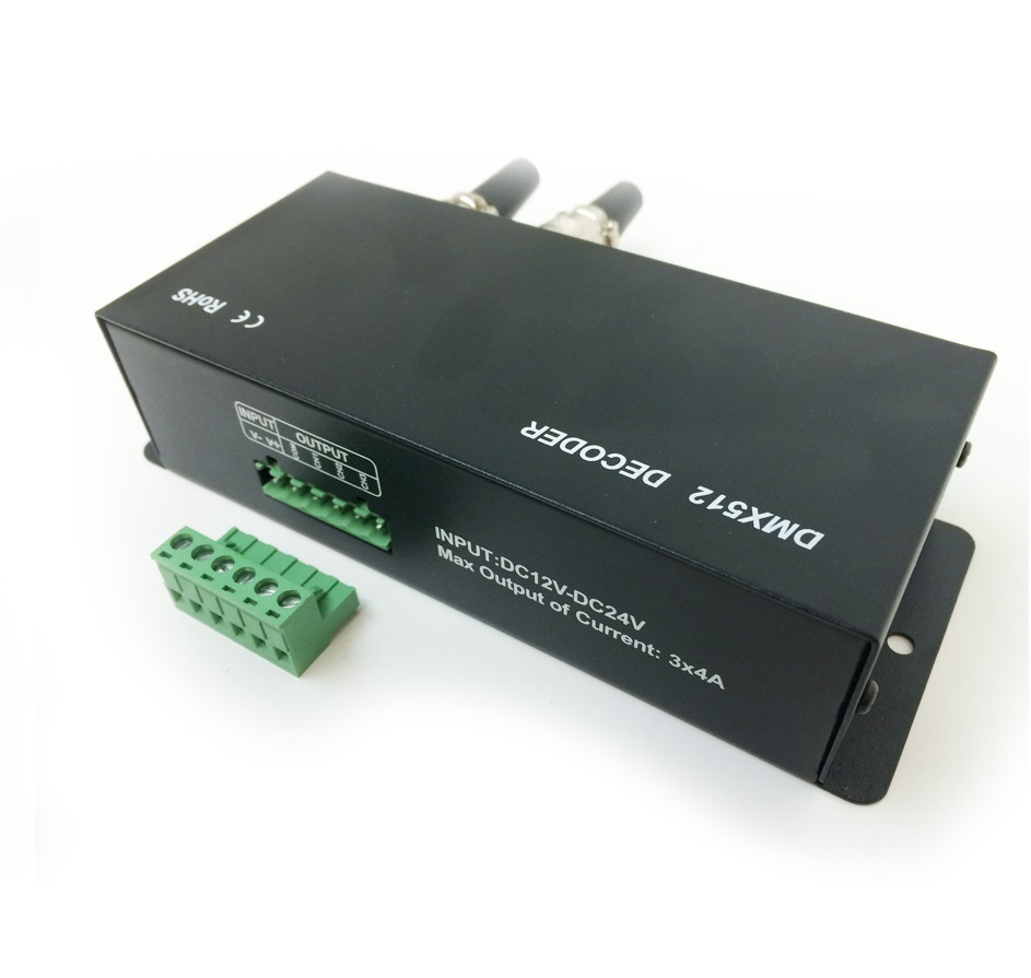 Decodificador DMX-512 RGB PWM, 12-24V 192-348W 16A, 4 canales