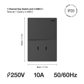 Tecla y 2 USB-C de 30W, 1 Canal 2 Vías 10A Máx. AC 250V, Gris