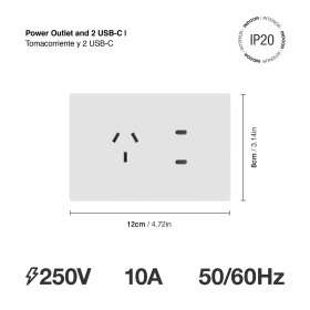 Tomacorriente y 2 USB-C de 20W, 10A Máx. AC 250V, Blanco
