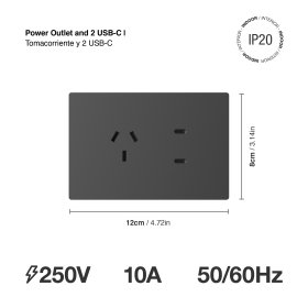 Tomacorriente y 2 USB-C de 20W, 10A Máx. AC 250V, Gris