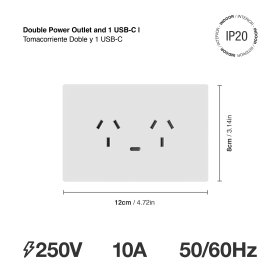 Tomacorriente Doble y 1 USB-C de 20W, 10A Máx. AC 250V, Blanco