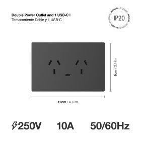Tomacorriente Doble y 1 USB-C de 20W, 10A Máx. AC 250V, Gris