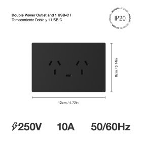 Tomacorriente Doble y 1 USB-C de 20W, 10A Máx. AC 250V, Negro