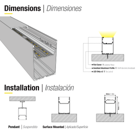 Perfil de Aluminio Linear 75x50mm Anodizado, Cover Opal Blanco x2m