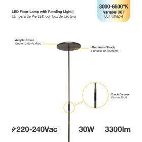 Lámpara de Pie LED Dimerizable Negro Ø300x10mm 30W CCT 1800mm