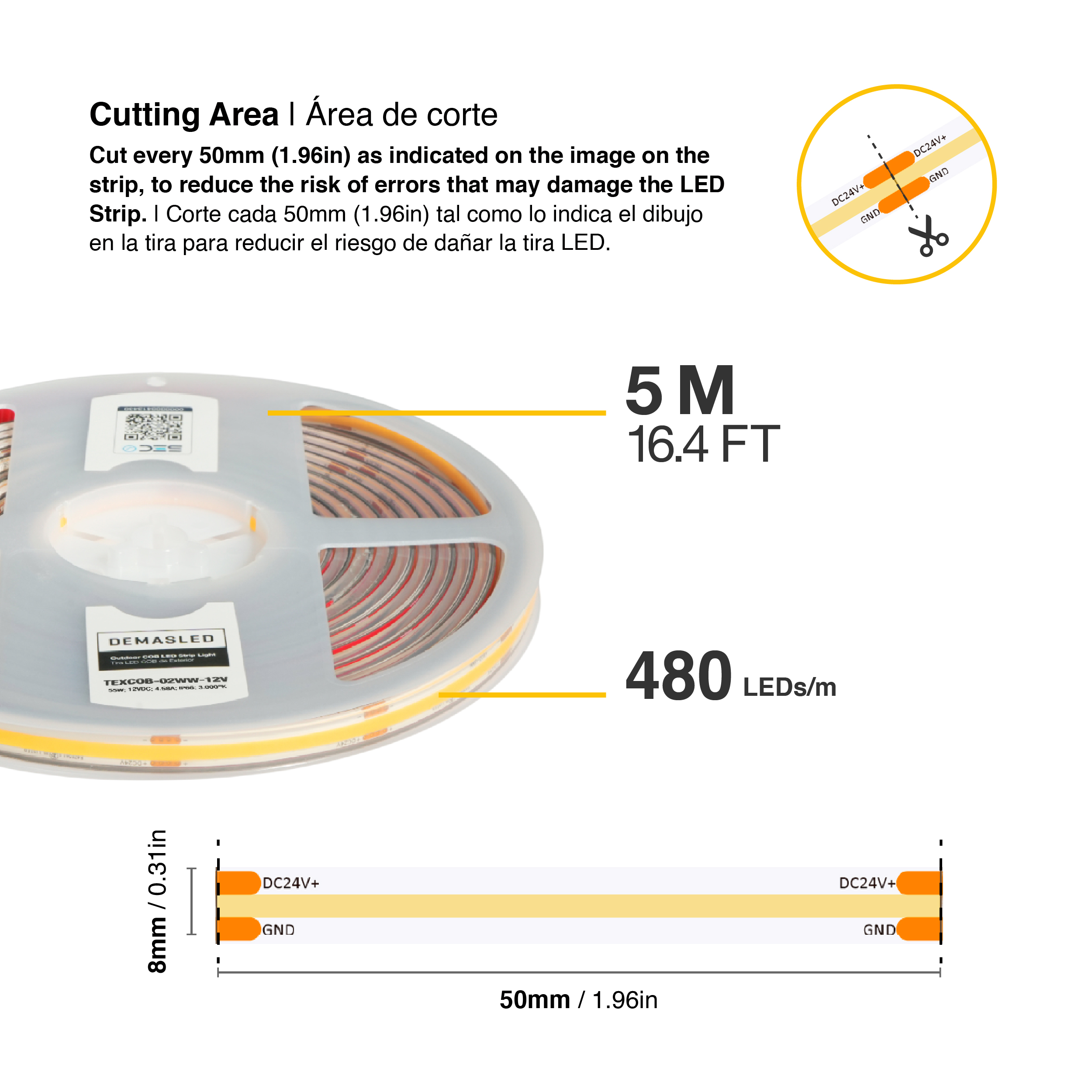 Tira LED COB 12V 11W/m Blanco Cálido 3000°K 959lm/m 10mm IP68, 5m