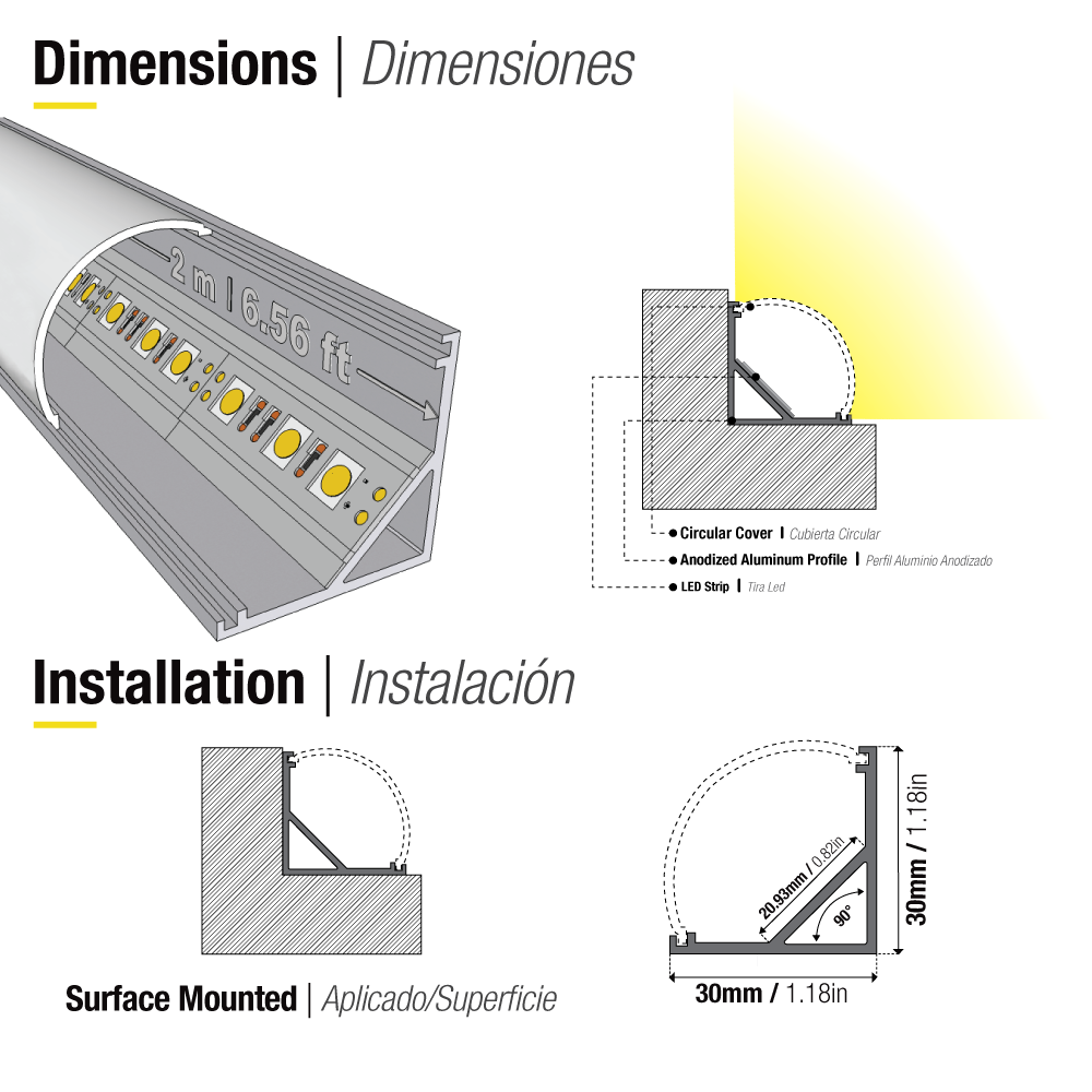 Perfil de Aluminio Esquinero Curvo 30x30mm Anodizado, Cover Opal Blanco x2m