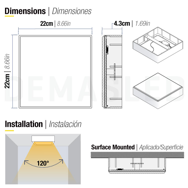 Plafón LED cuadrado FRAMELESS de 22x22cm 42W 3570lm Cálido, Aplicar