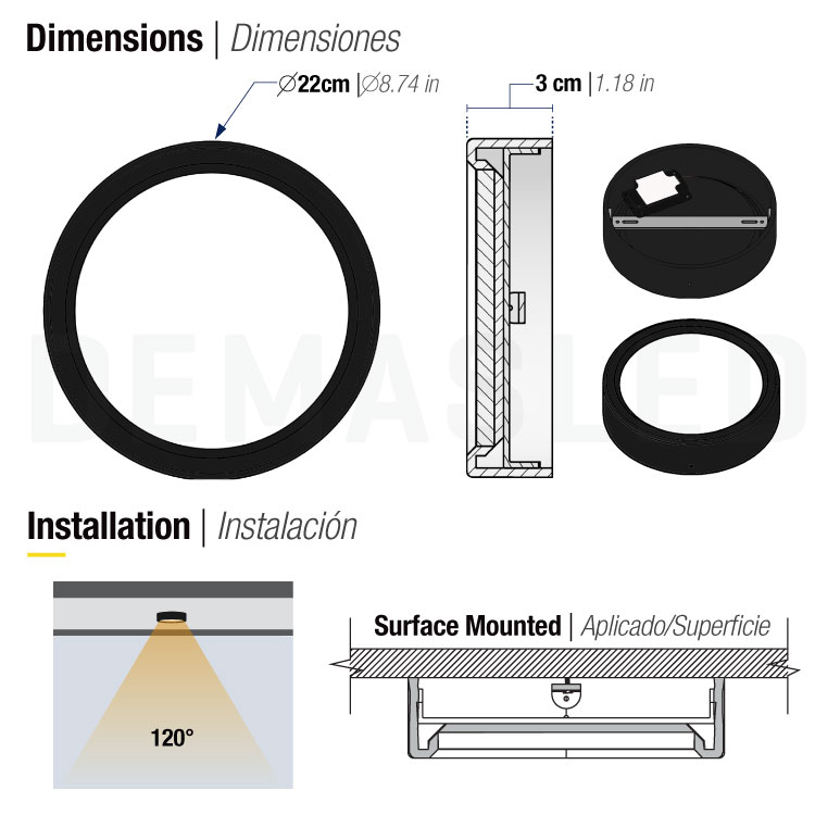 Plafón LED redondo, Superficie 18W 1440lm Cálido D-22cm 100-240V. NEGRO