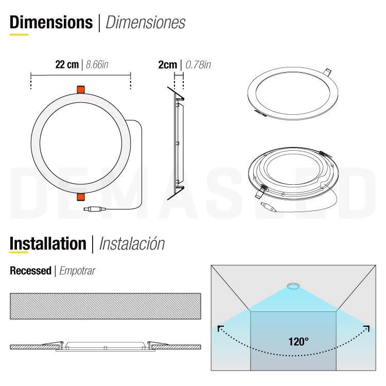 Panel LED redondo blanco de 22cm, 18W 1500lm Frío, de empotrar