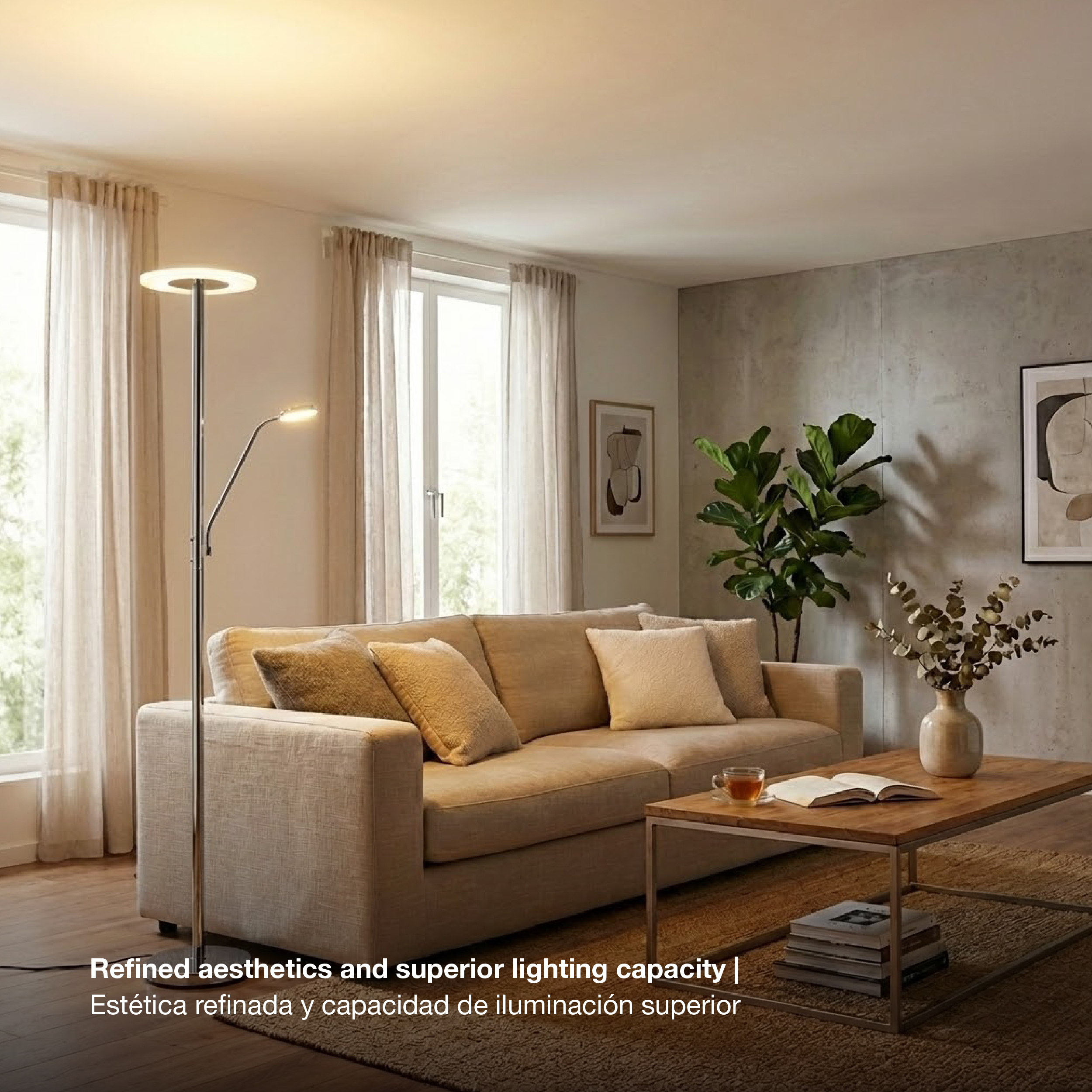 Lámpara de Pie LED con Luz de Lectura Dimerizable Níquel satinado Ø300x16mm 28W CCT 1800mm