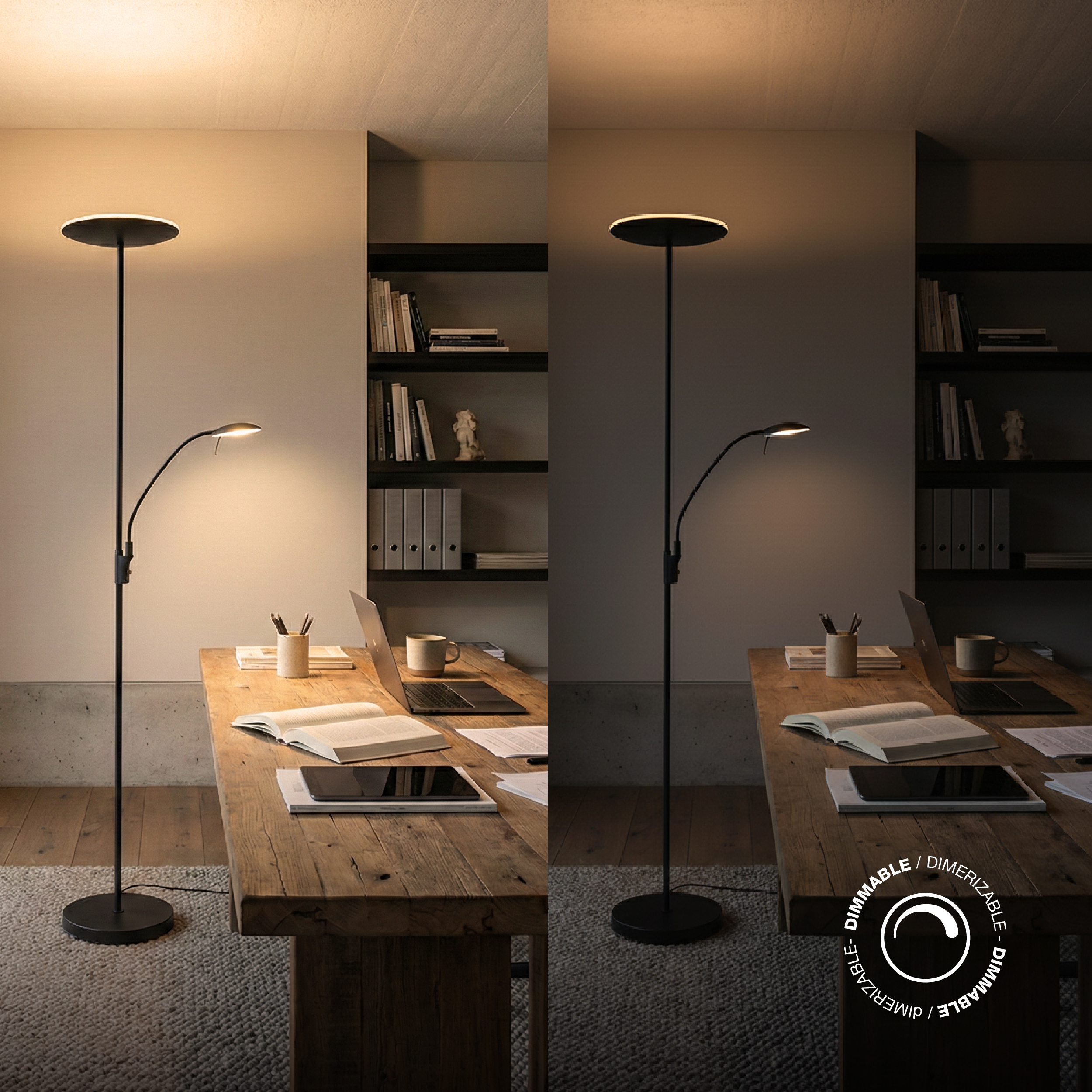 Lámpara de Pie LED con Luz de Lectura Dimerizable Negro Ø290x30mm 25W Blanco Cálido 3000K 1800mm