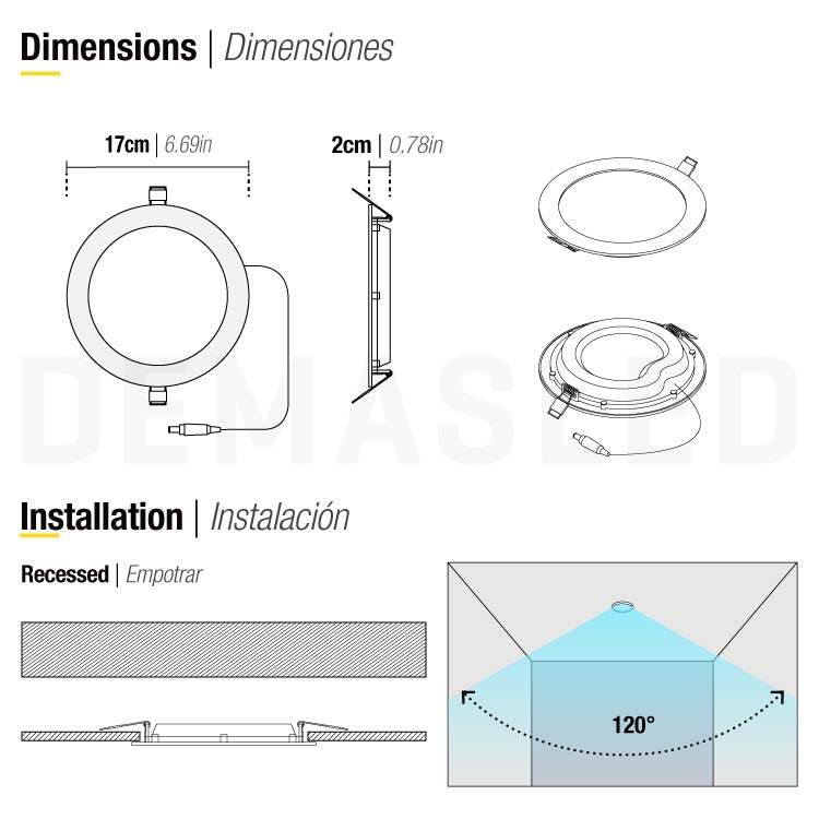 Panel LED Redondo Blanco de 17cm, 12W 900lm Frío, de empotrar