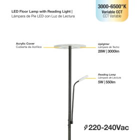 Lámpara de Pie LED con Luz de Lectura Dimerizable Negro Ø300x16mm 28W CCT 1800mm