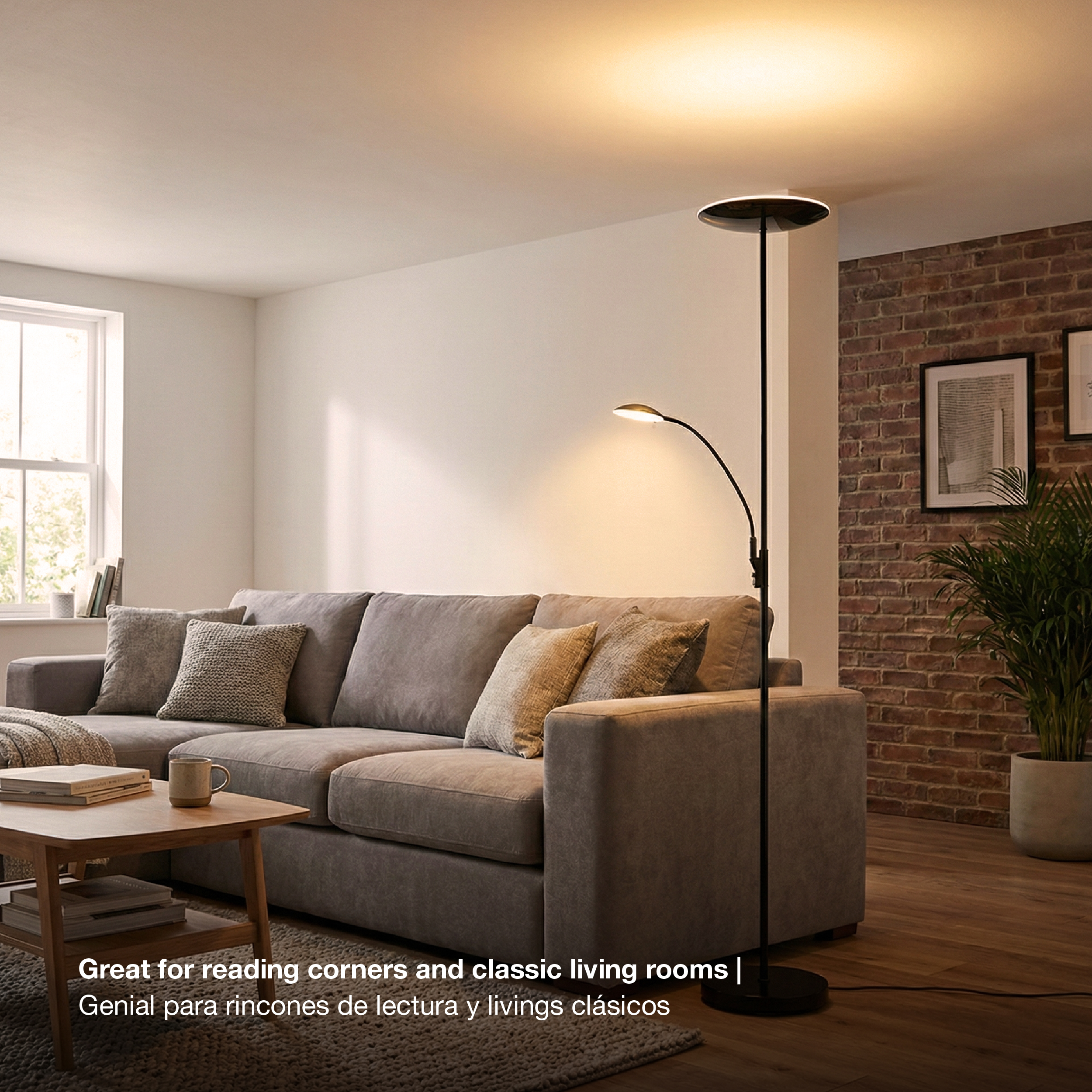 Lámpara de Pie LED con Luz de Lectura Dimerizable Negro Ø290x30mm 25W Blanco Cálido 3000K 1800mm