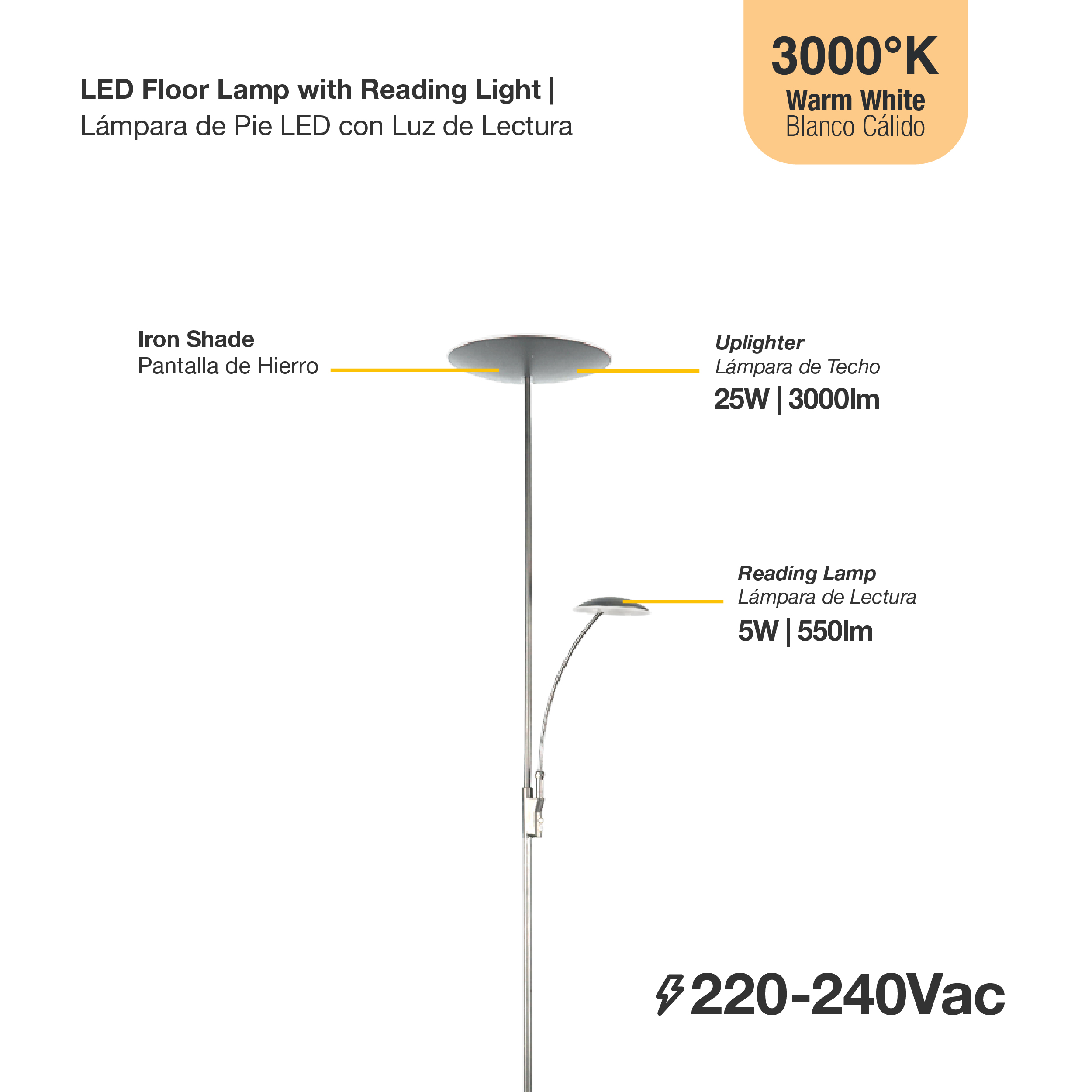 Lámpara de Pie LED con Luz de Lectura Dimerizable Níquel satinado Ø290x30mm 25W Blanco Cálido 3000K 