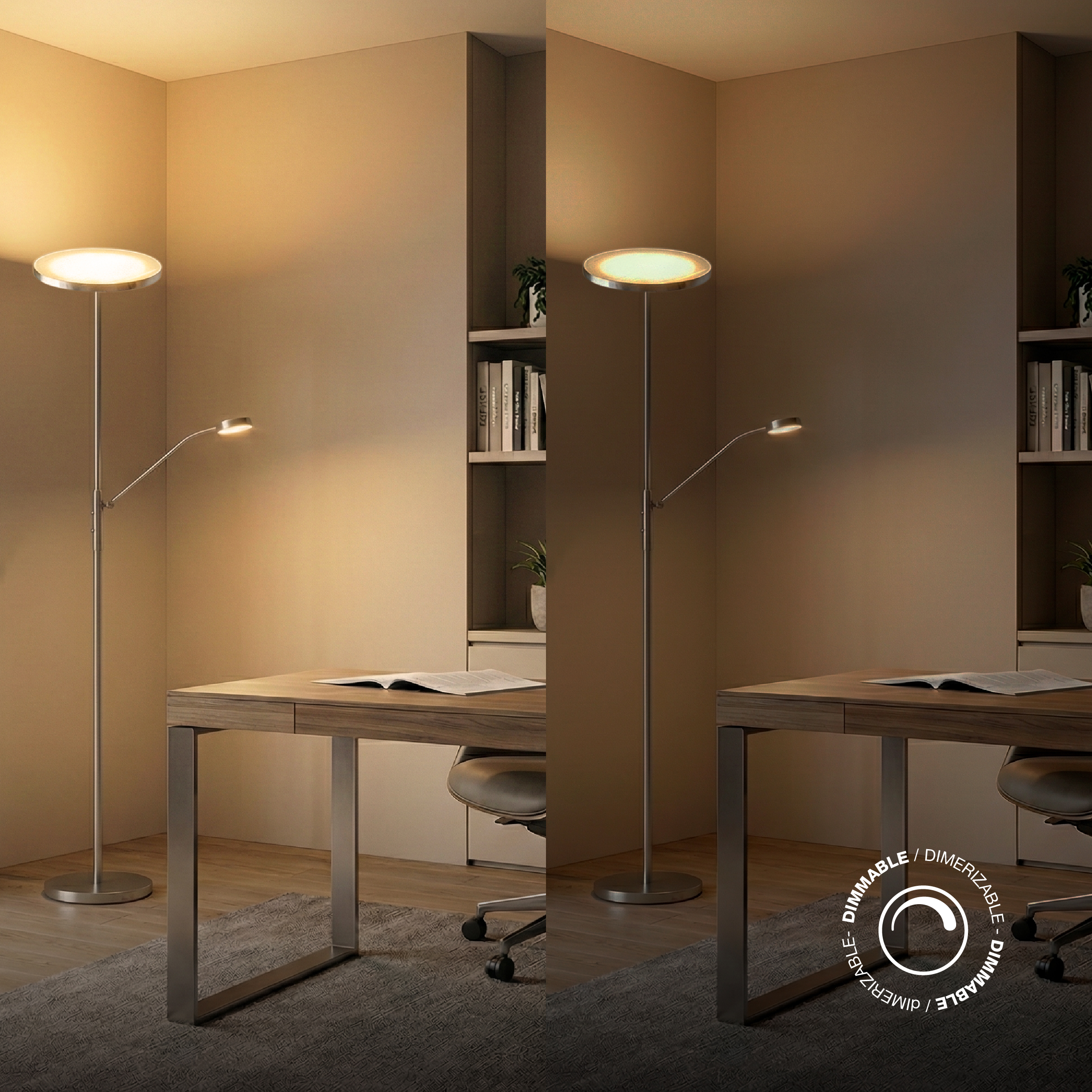 Lámpara de Pie LED con Luz de Lectura Níquel satinado Ø250x20mm 25W Blanco Cálido 3000K 1800mm