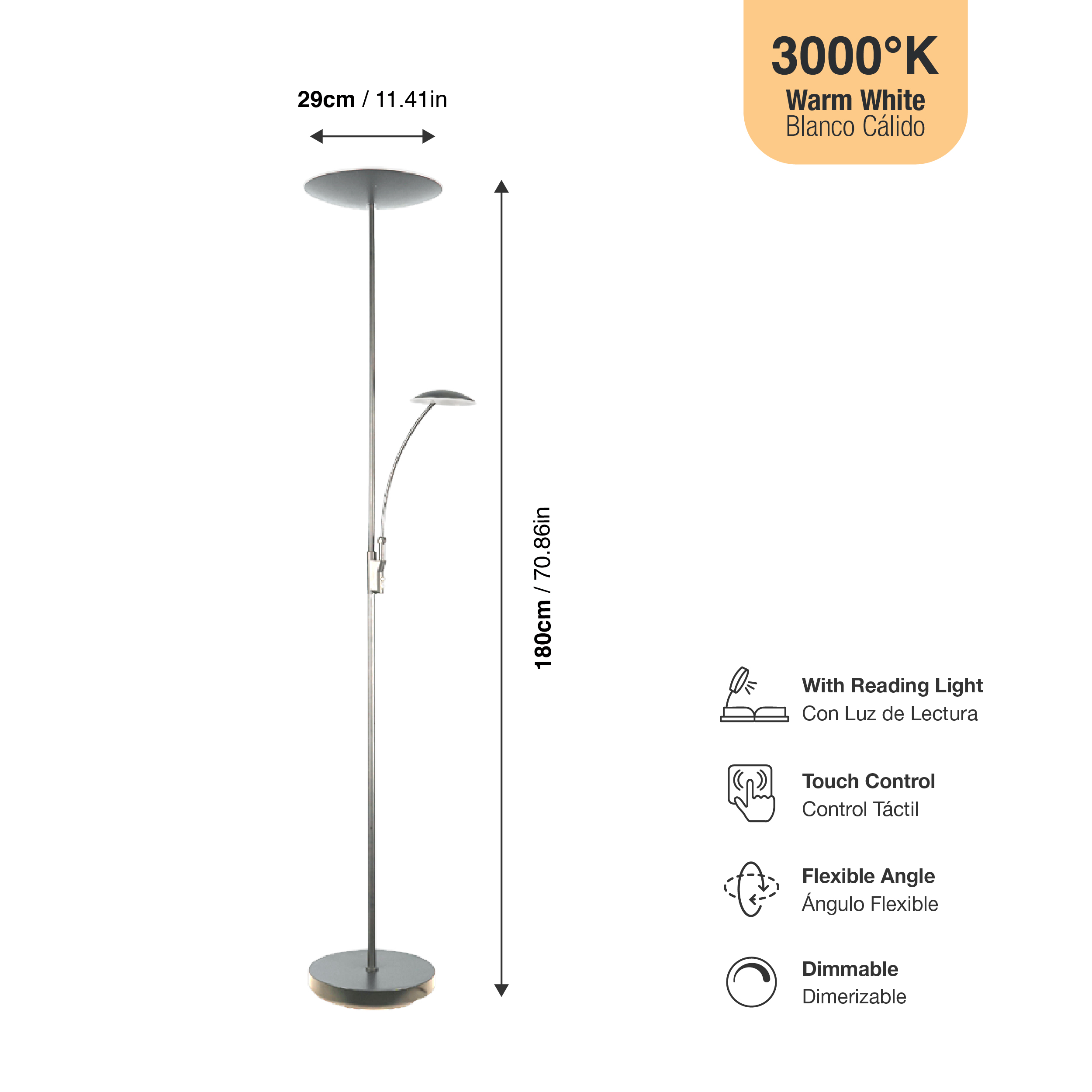 Lámpara de Pie LED con Luz de Lectura Dimerizable Níquel satinado Ø290x30mm 25W Blanco Cálido 3000K 