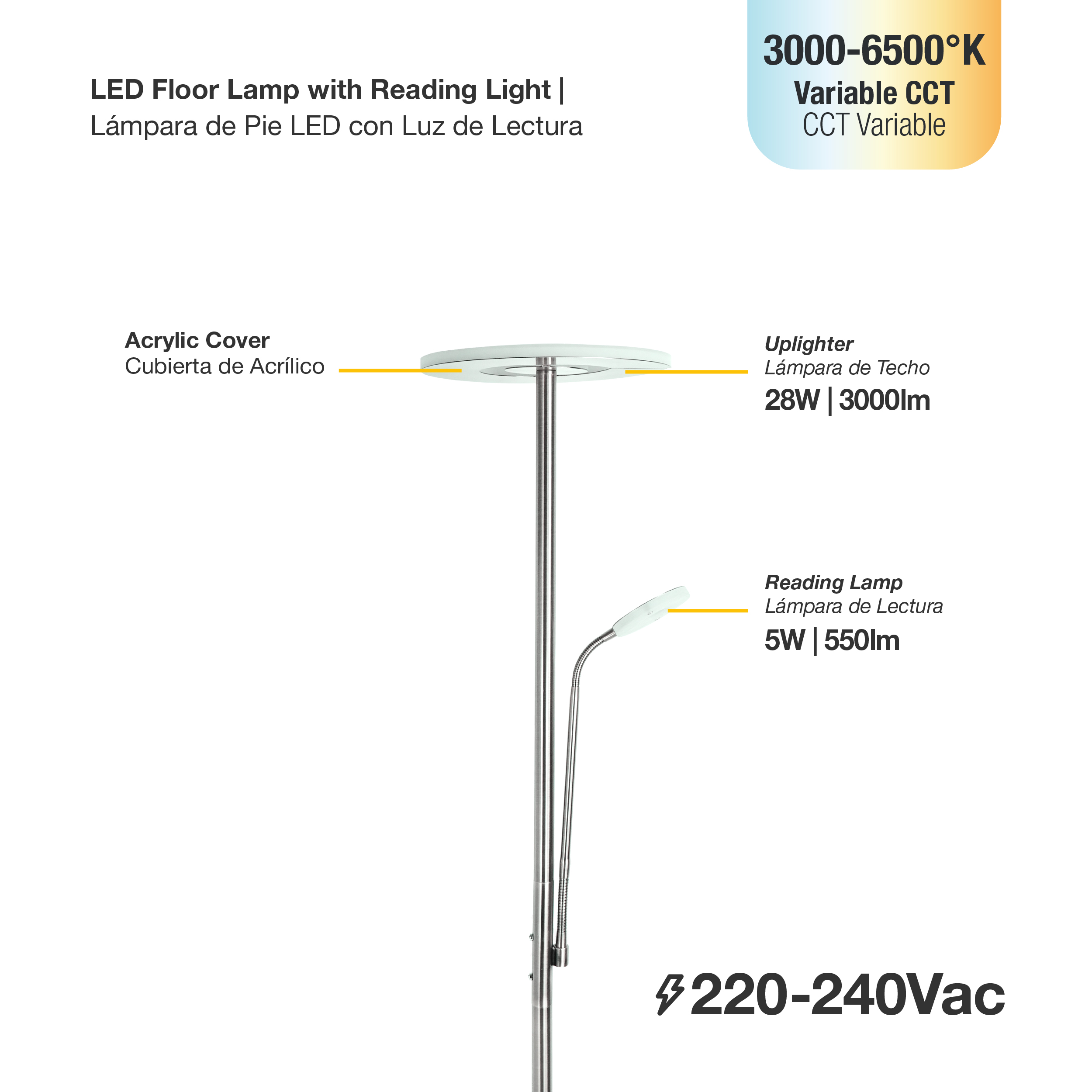 Lámpara de Pie LED con Luz de Lectura Dimerizable Níquel satinado Ø300x16mm 28W CCT 1800mm