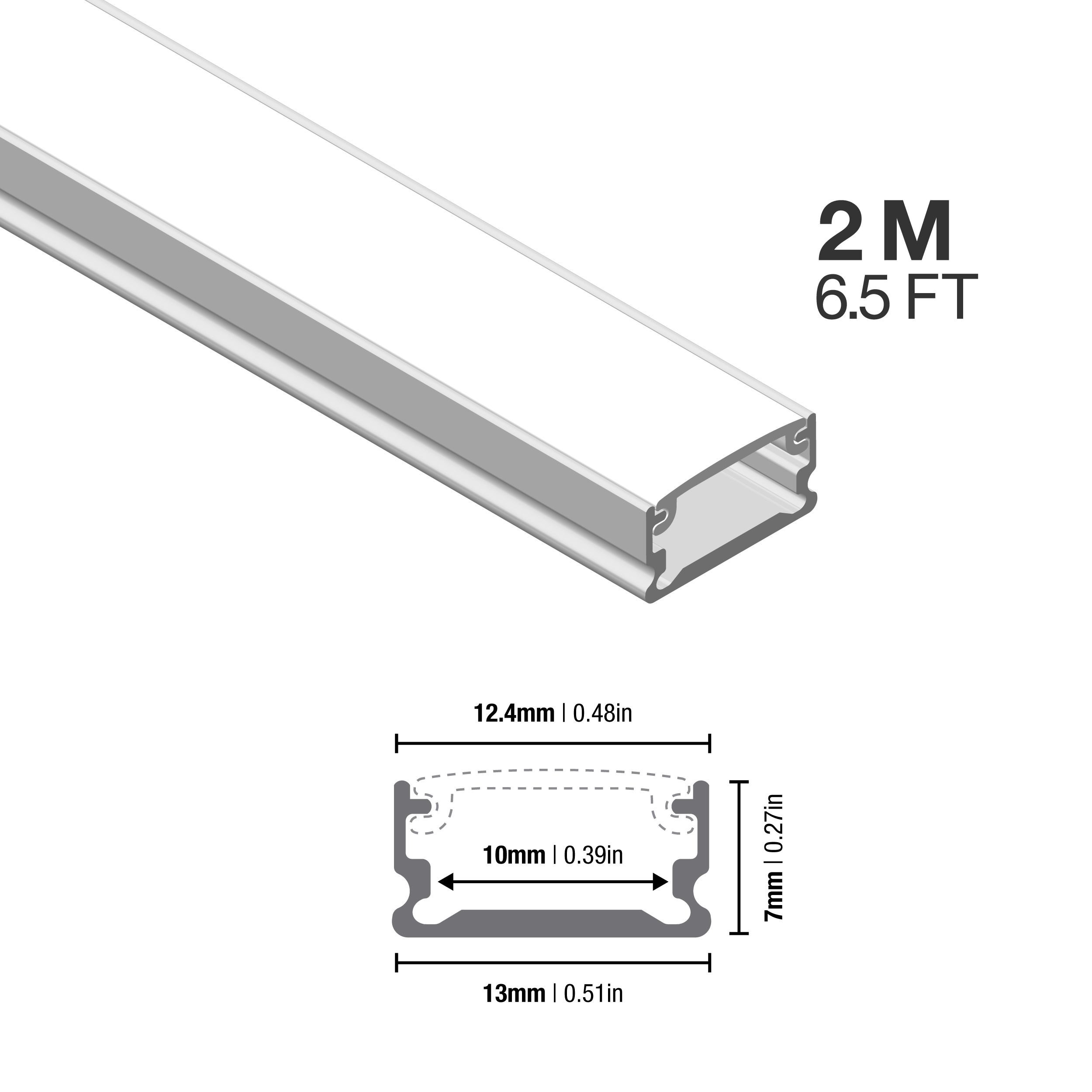 Perfil de Aluminio Flat 13x7mm Anodizado, Cover Opal Blanco x2m