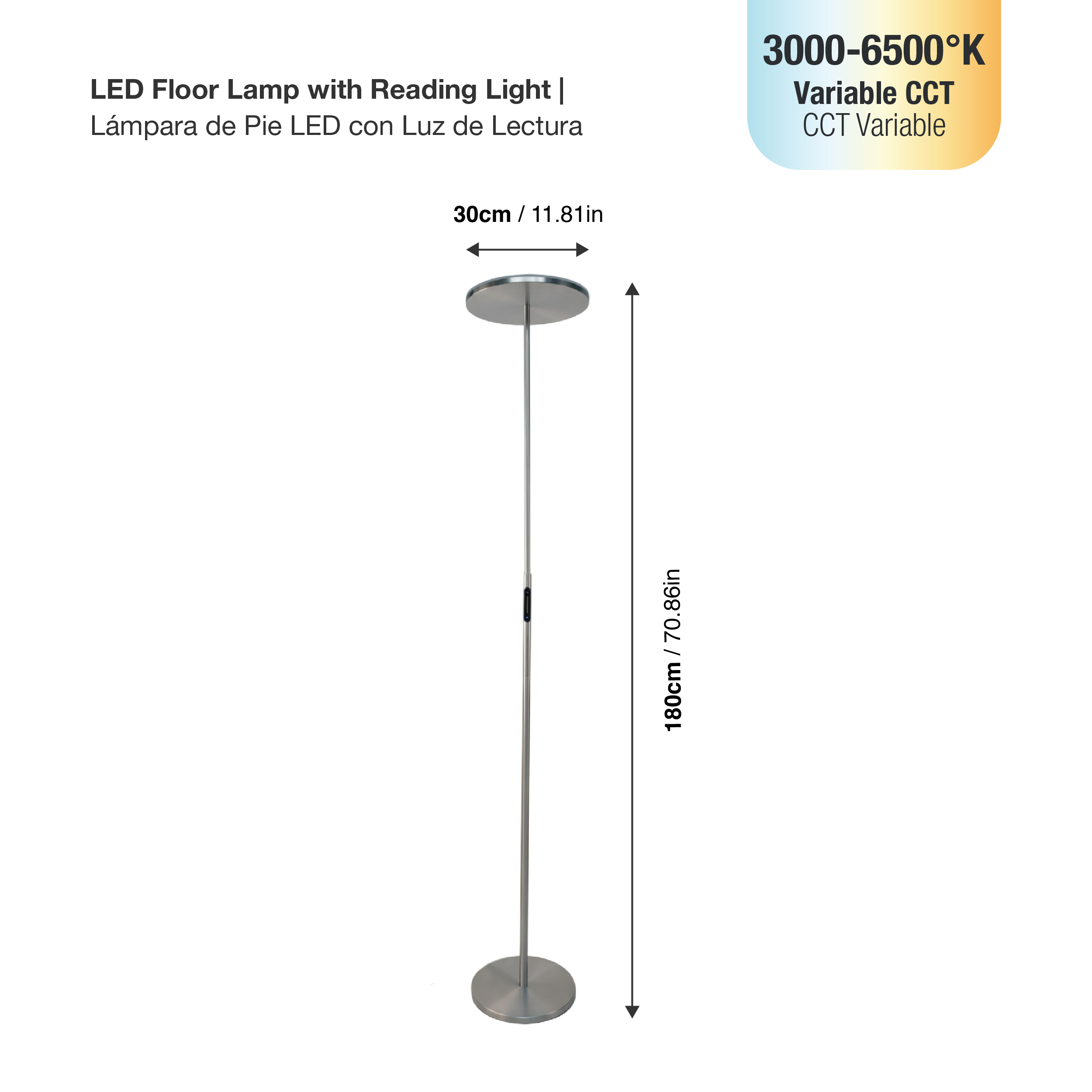 Lámpara de pie LED Dimerizable Níquel satinado Ø300x10mm 30W CCT 1800mm