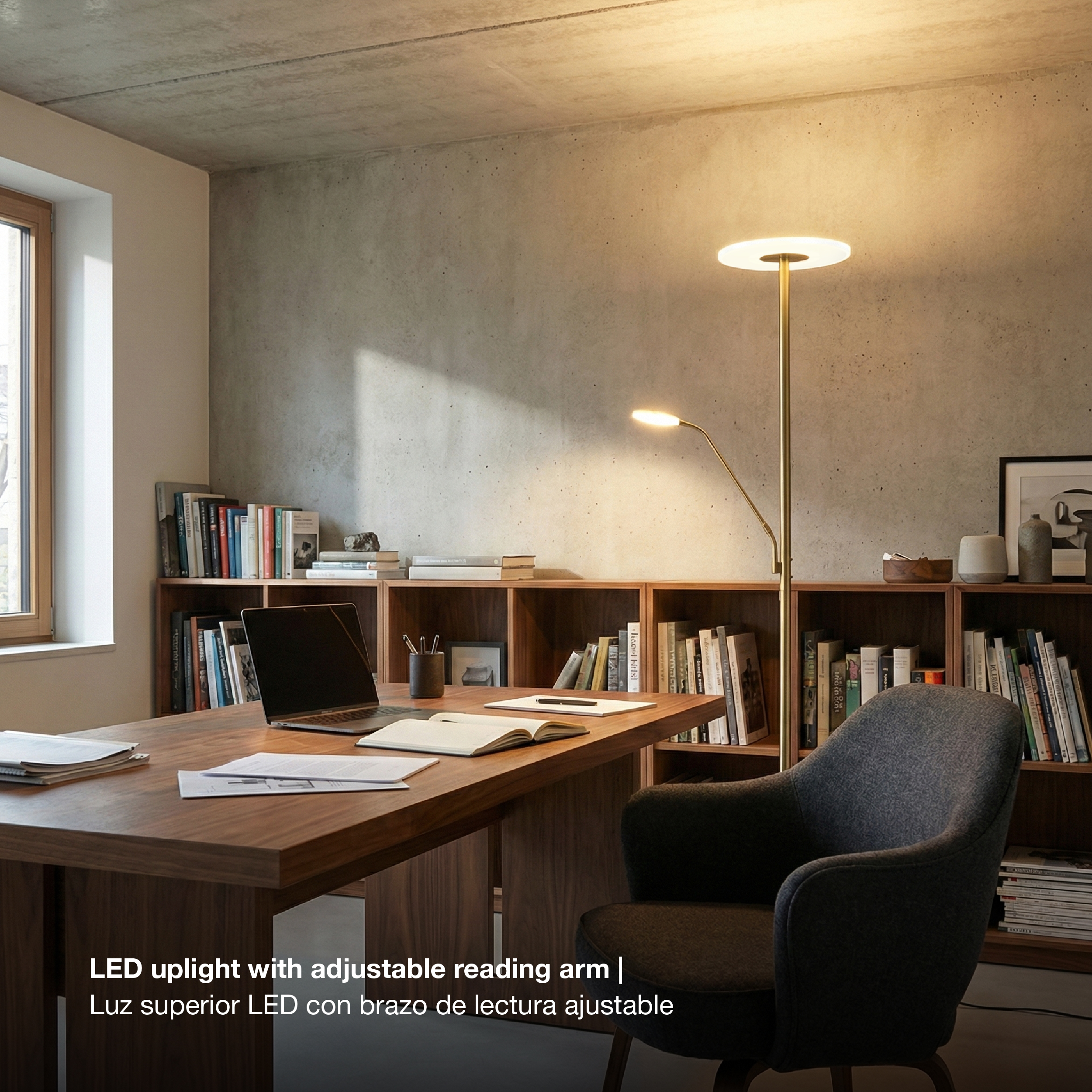 Lámpara de Pie LED con Luz de Lectura Dimerizable Bronce Ø300x16mm 28W CCT 1800mm