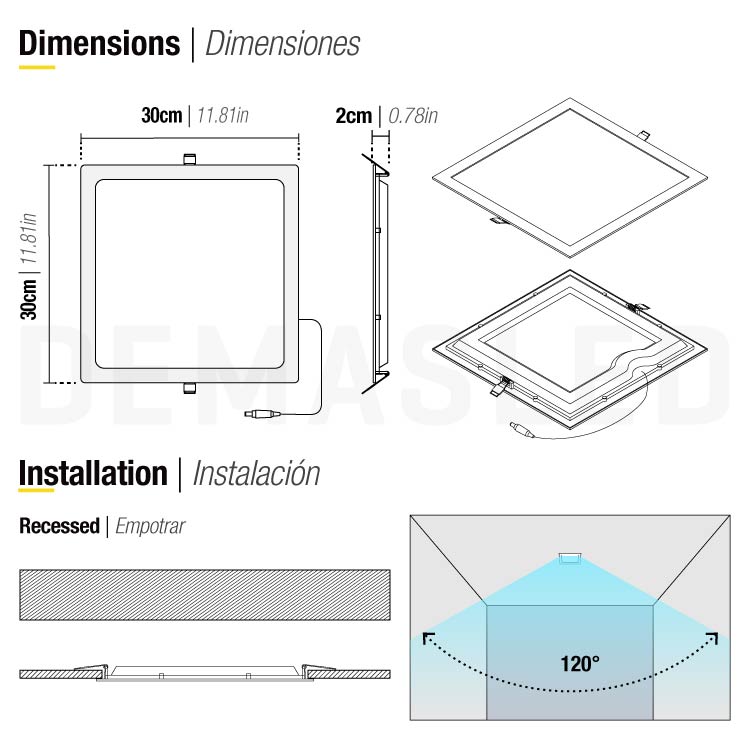 Panel LED cuadrado blanco de 30x30cm, 24W 1920lm Frío, empotrar