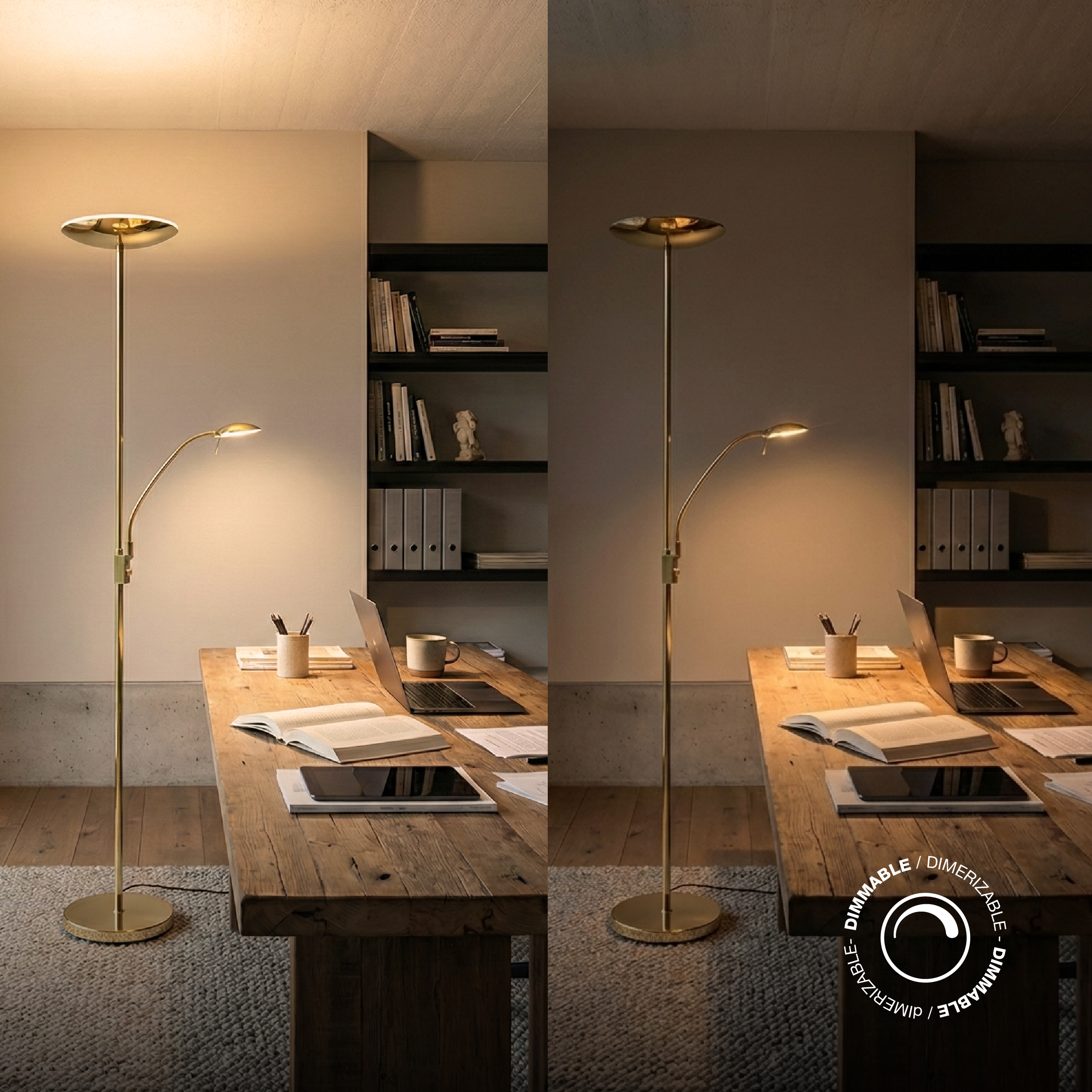 Lámpara de Pie LED con Luz de Lectura Dimerizable Bronce Ø290x30mm 25W Blanco Cálido 3000K 1800mm