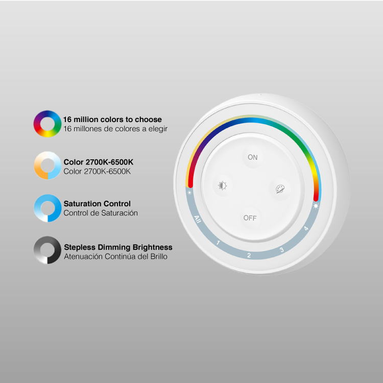 Control Remoto Rainbow de 4 Zonas (RGB+CCT) 3V 2,4GHz