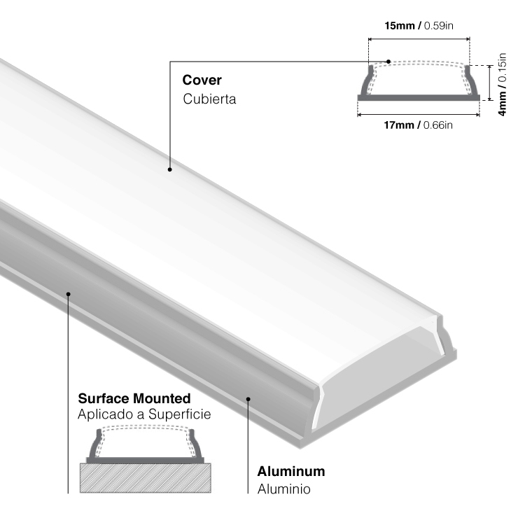 Perfil de Aluminio Flexible 17x6mm Anodizado, Cover Opal Blanco x2m