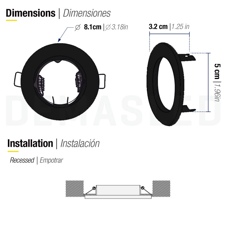 Aro Metálico Negro Fijo 8.1cm Corte 5cm para lámpara GU10 y MR16