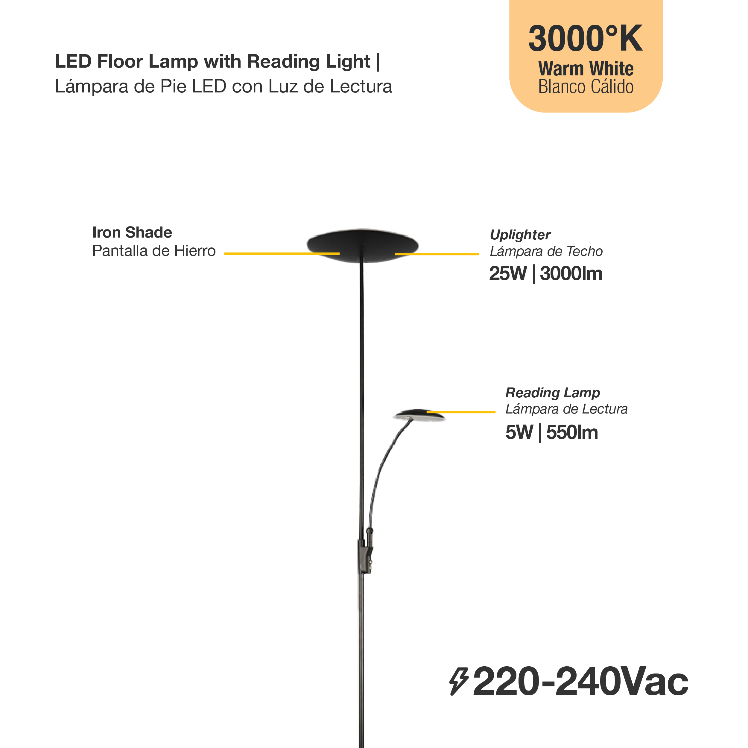 Lámpara de Pie LED con Luz de Lectura Dimerizable Negro Ø290x30mm 25W Blanco Cálido 3000K 1800mm