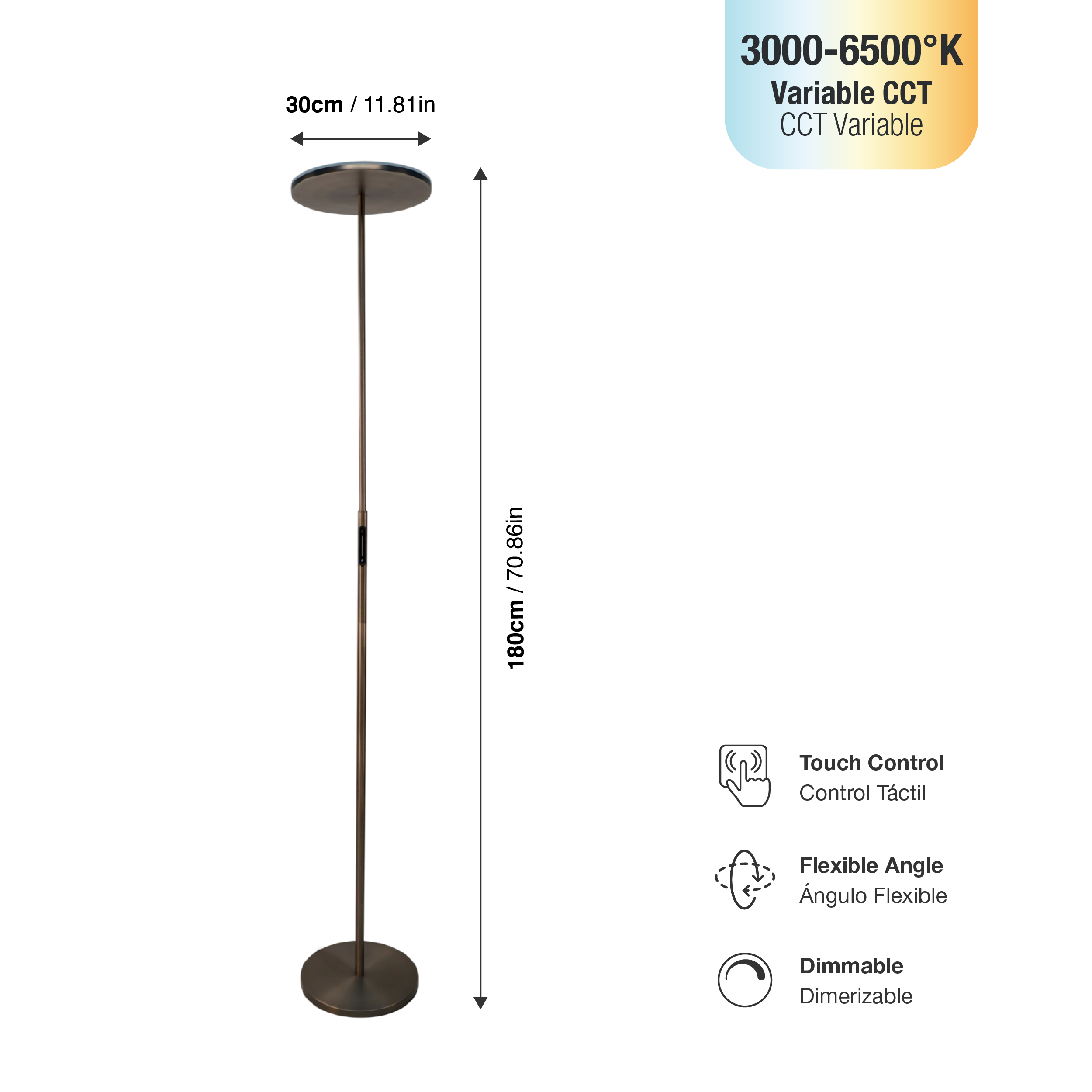 Lámpara de Pie LED Dimerizable Negro Ø300x10mm 30W CCT 1800mm