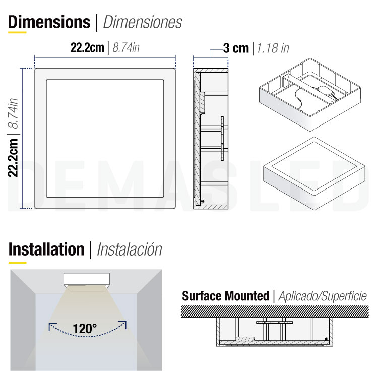 Plafón LED cuadrado blanco de 21,3x21,3cm 18W 1440lm Neutro, de aplicar