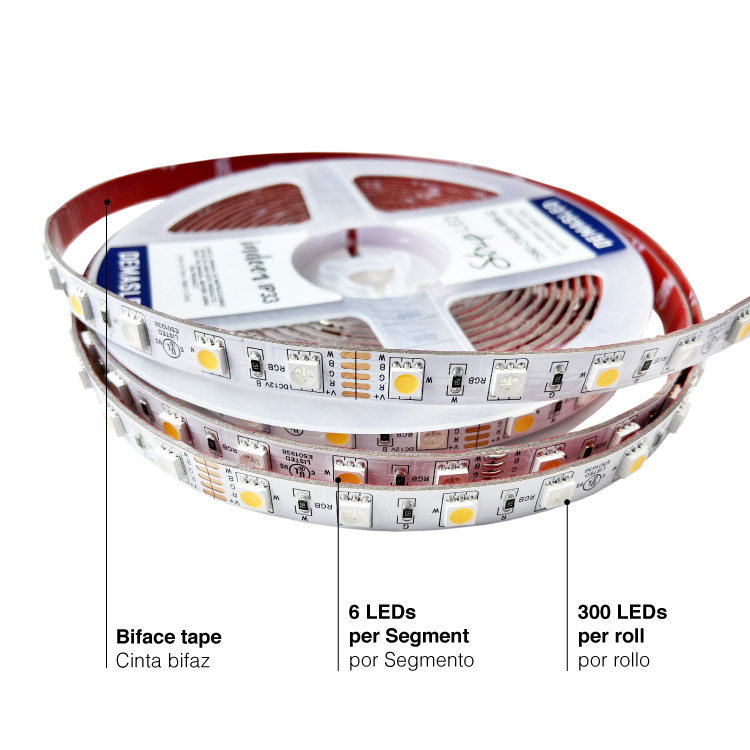 Tira LED RGB +3000°K SMD5050  12V 12W/m 600lm/m 60 LEDs/m 5m