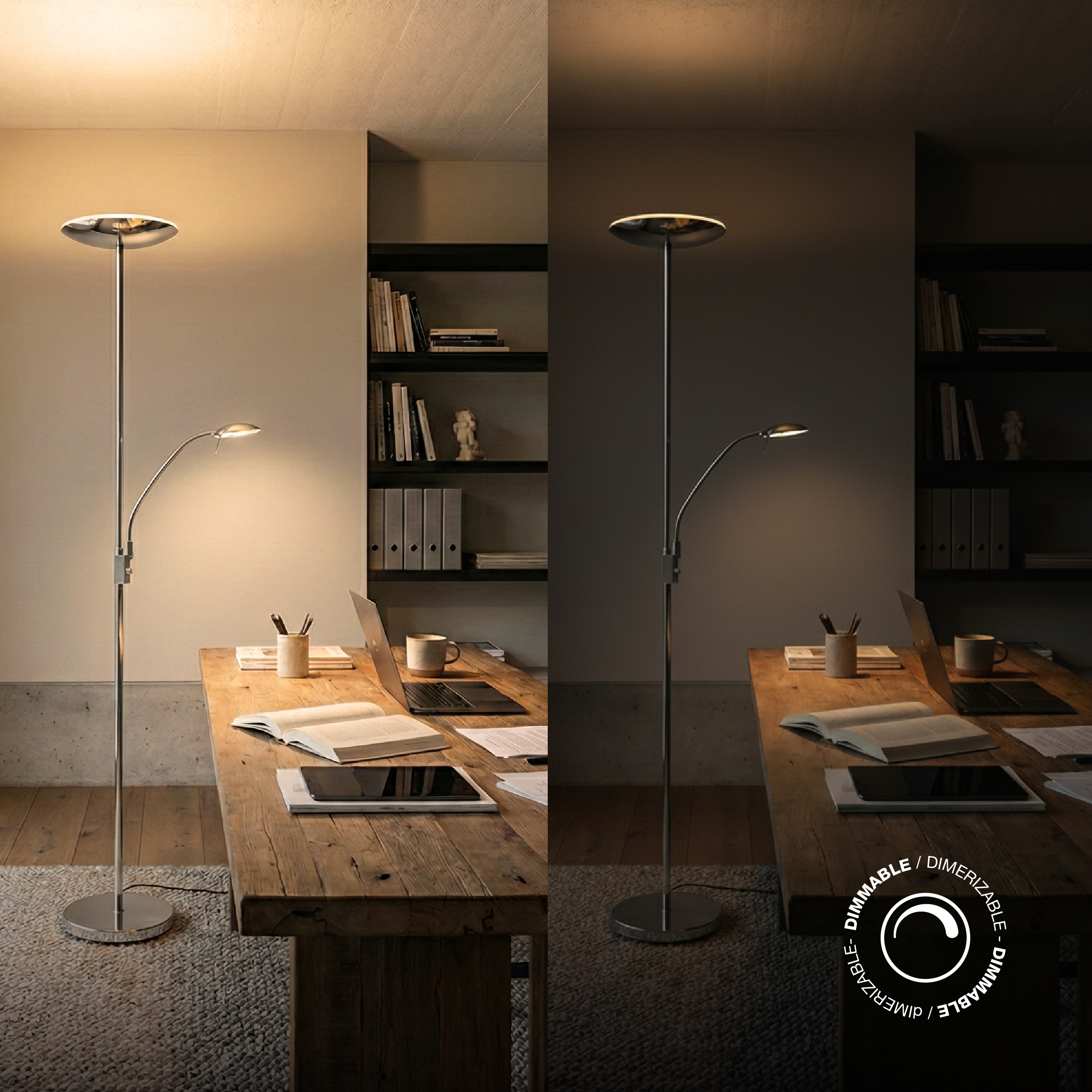 Lámpara de Pie LED con Luz de Lectura Dimerizable Níquel satinado Ø290x30mm 25W Blanco Cálido 3000K 