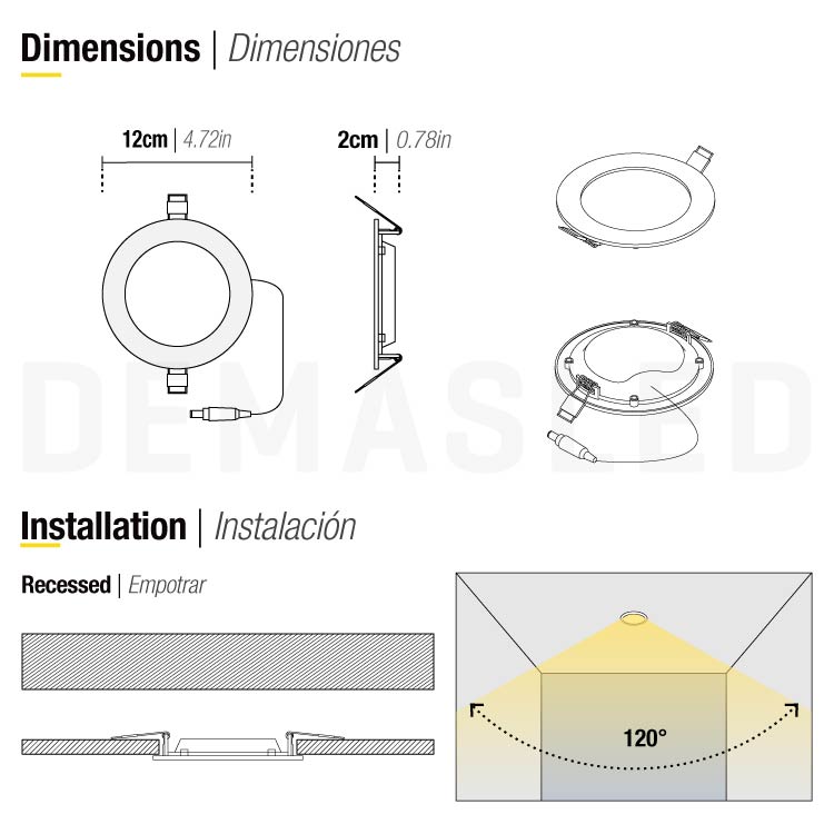 Panel LED redondo blanco de 12cm 6W 390lm blanco Cálido, empotrar