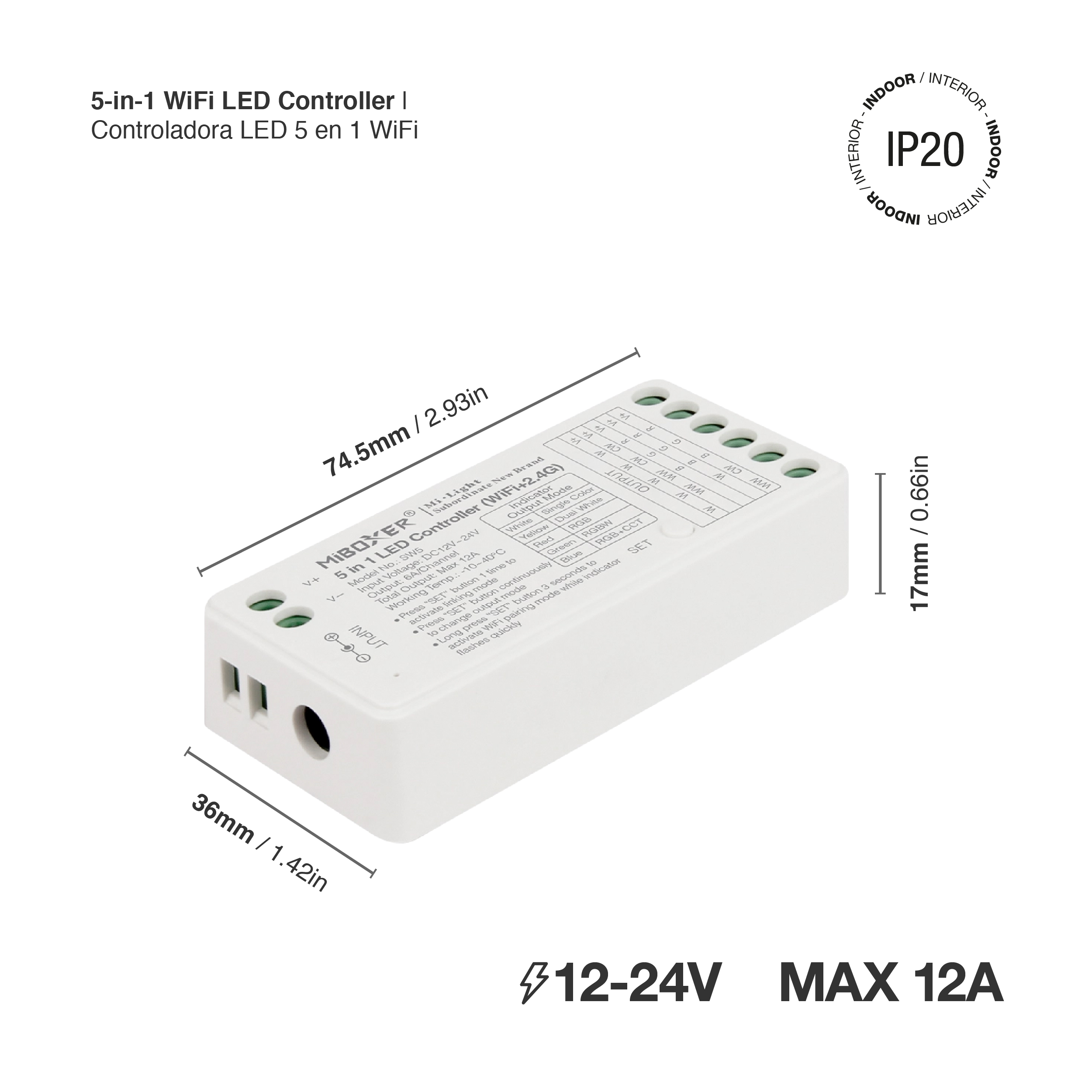 Controlador LED 5 en 1 WiFi 2.4GHz 12A máx. IP20