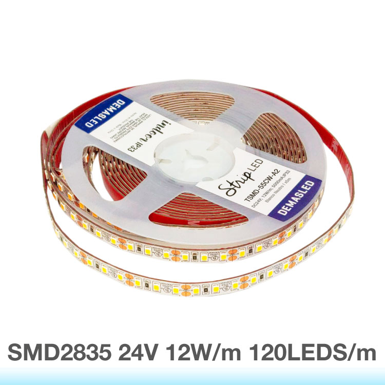 Tira LED SMD2835 24V 12W/m, Frío 1200lm/m 120 LEDs/m, 8mm PBC, 5m