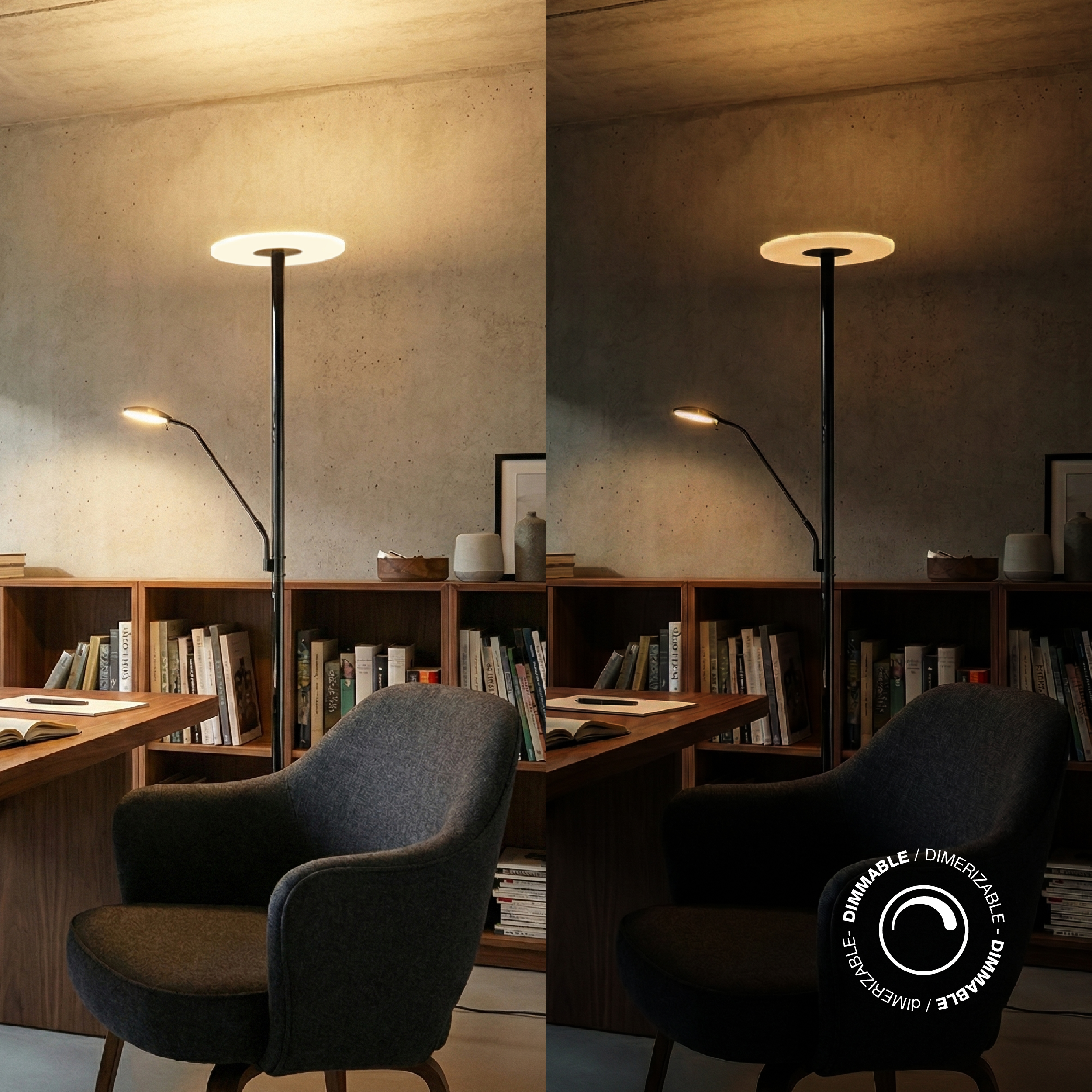 Lámpara de Pie LED con Luz de Lectura Dimerizable Negro Ø300x16mm 28W CCT 1800mm