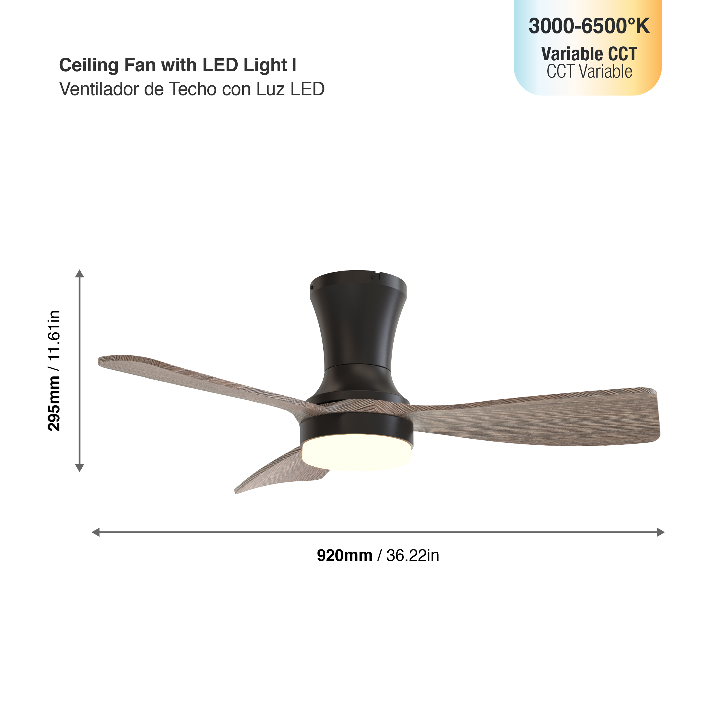 Ventilador de Techo con Luz LED CCT 920x265mm Madera Oscura 22W con Control Remoto AC100-240V I