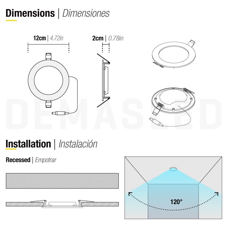 Panel LED redondo blanco de 12cm, 6W 390lm blanco Frío, empotrar