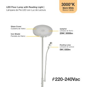 Lámpara de Pie LED con Luz de Lectura Níquel satinado Ø250x20mm 25W Blanco Cálido 3000K 1800mm