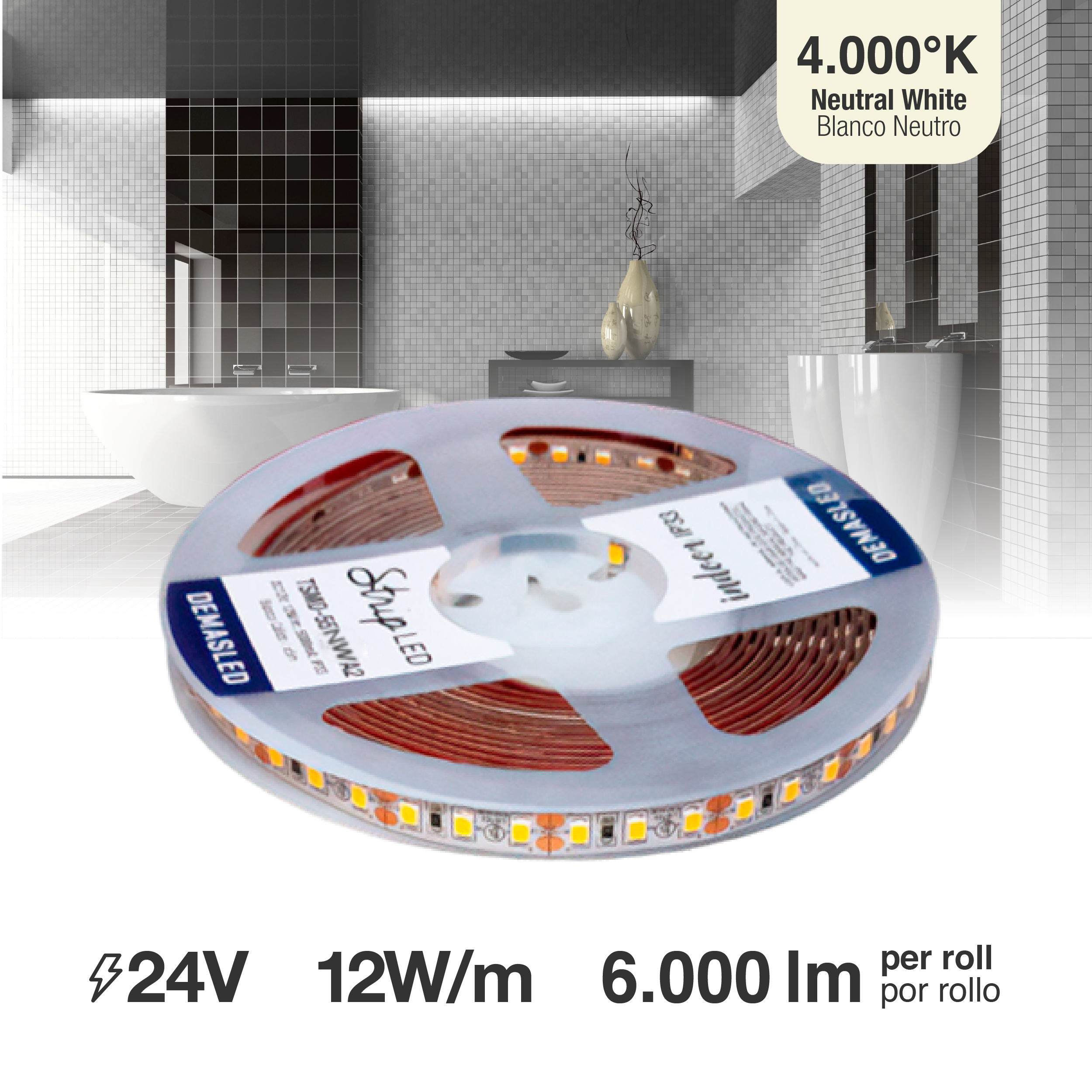 Tira LED 4.000°K SMD2835 24V 12W/m 1200lm/m 120 LEDs/m 8mm PBC 5m