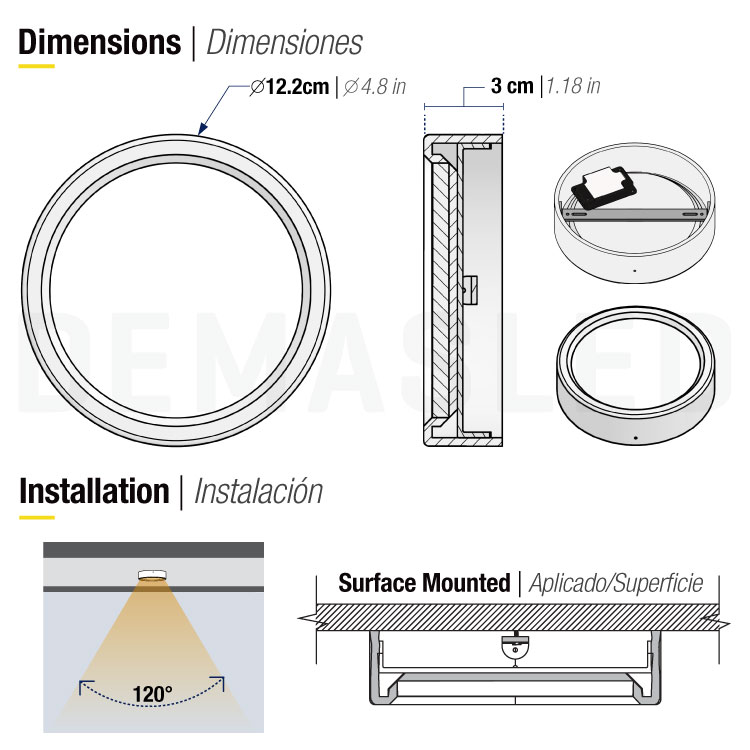 Plafón LED redondo blanco de 12cm, 6W 390lm Cálido, de aplicar